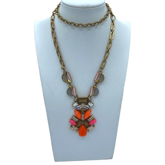 Signed STELLA & DOT Goldtone Orange Rhinestones 28" Necklace statement mat gold - Picture 2 of 9